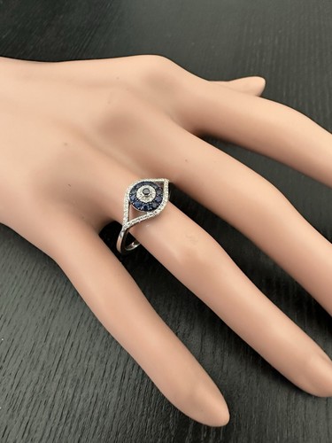0.50 Carat Natural Sapphire and Diamonds in 14K Solid White Gold Women Ring - Picture 8 of 8