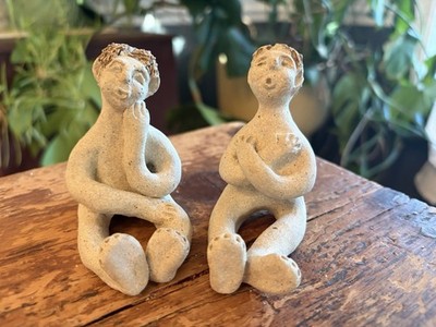 Vintage Handmade Clay People Statues Contemplative Expressive