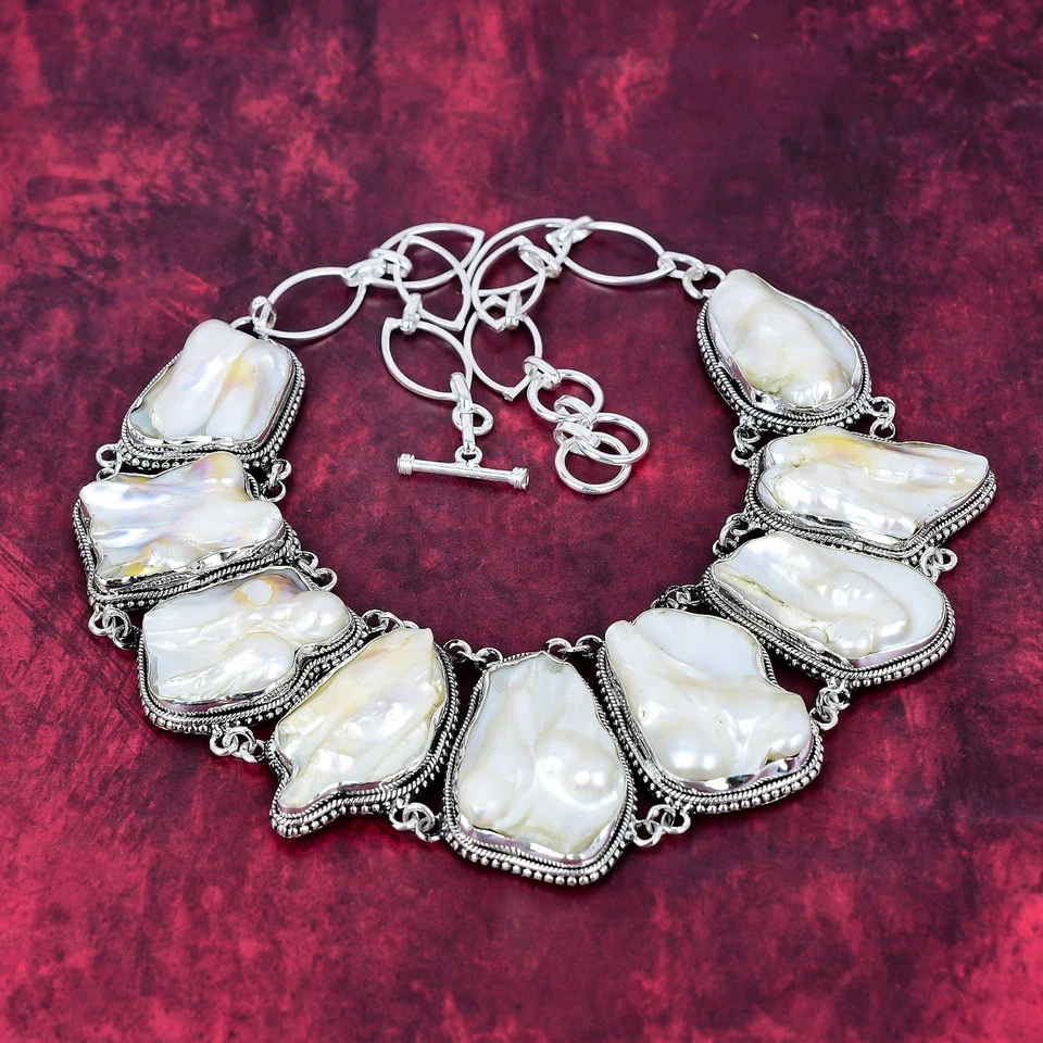 Collar de joyería de plata de ley 925 con piedras preciosas blancas irregulares naturales regalo Foto 3 de 4
