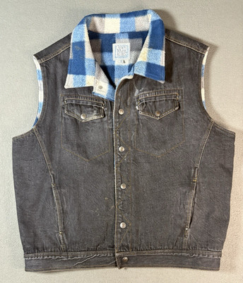 VTG Flannel Lined Denim Jean Vest Black Men s XL Pockets Grunge Punk 90s