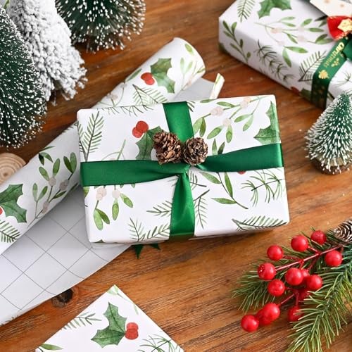 Holly Christmas Wrapping Paper Roll 17 Inch X 33 Feet Red Berries Holly Branch - Picture 6 of 6