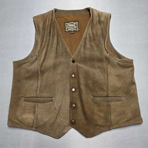 Vintage FIRST Genuine Leather Suede Lined Vest Western/Biker Distressed Size XL