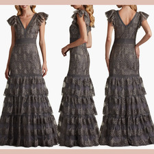 NWT 758 Tadashi Shoji  10  Rhone Flutter Sleeve Tiered Embroidered Gown S2071
