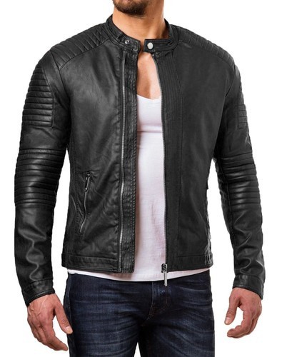 Chaqueta de cuero real negra Café Racer motocicleta motociclista para hombre acolchada de piel de cordero