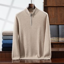 Men Cashmere Long Sleeve Knitted Knitwear Sweater Half Zipper Mock Neck Pullover