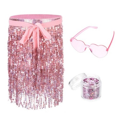 3 Pack Women's Sequin Skirts with Heart Sunglasses & Face Glitters, Light Pink