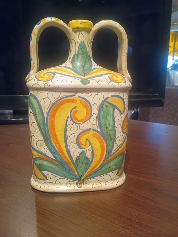 Vintage Caltagirone Italy Hand Painted Pottery Flask Bottle Jar