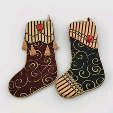 2 Victorian Christmas Stockings Velvet Swirl Cording Tassels Gold Trim Stocking 