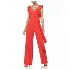 Halston Heritage Women's Size 8 Cherry Red V-Neck Ruffled Shoulder Jumpsuit $445