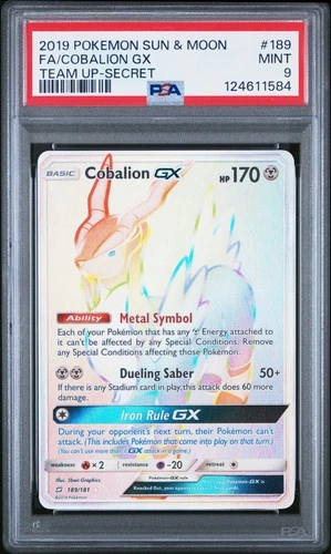 2019 POKEMON SUN & MOON TEAM UP SECRET #189 FULL ART/COBALION GX PSA 9