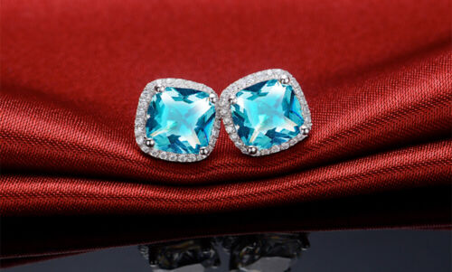 Cushion - Cut Blue & White Topaz Halo Stud Earrings 925 Stamped Sterling Silver - Picture 1 of 4