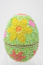 Godiva Beaded Sequined Easter Egg Candy Container 5" Green Pink Yellow Flowers