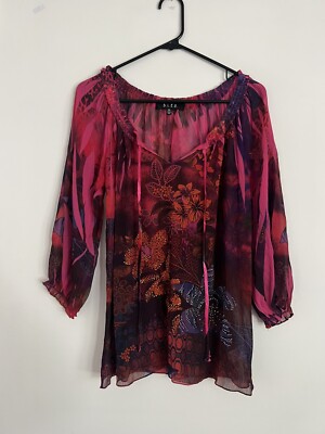 B.L.E.U. Womens Blouse Medium Pink Magenta Floral 3/4 Sleeve Sheer Rhinestones