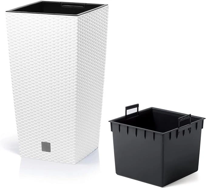 PROSPER PLAST Square Plant Pot Rattan Tall Elegant Garden Planters Indoor Outdoor White