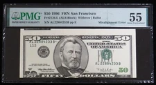 1996 USA $50 FEDERAL RESERVE NOTE FRN MISALIGNMENT ERROR PMG AU 55 FR 2126-L