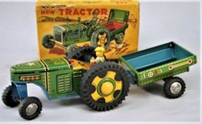 Vintage 1950's Tin Friction Tractor with Cart and Box Made in Japan