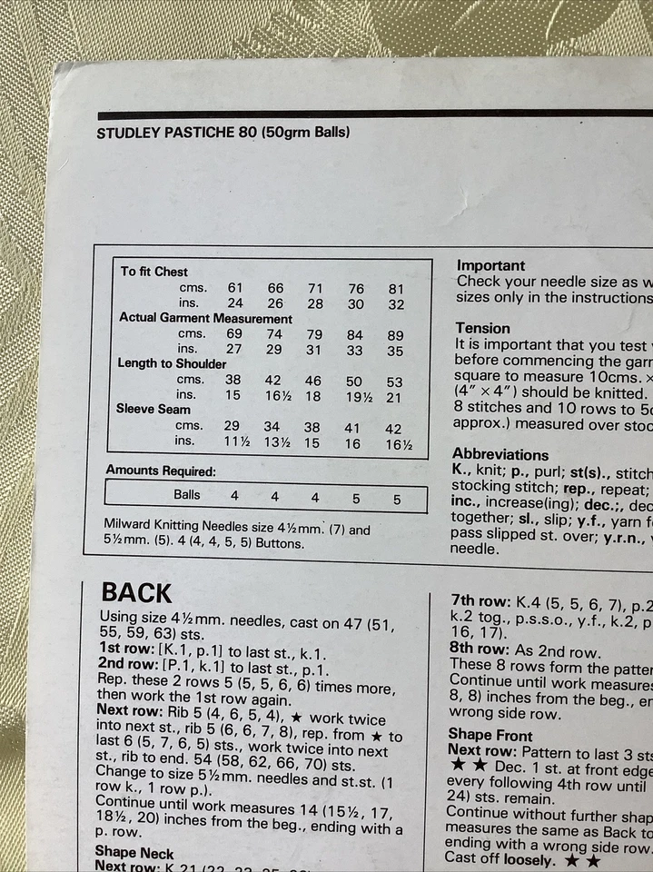 Studley Pastiche knitting pattern 1587. Mohair cardigan 24-32". NEW, old stock. - Image 3 of 3