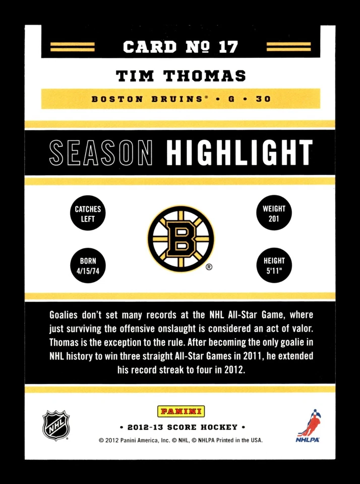 5-01-04 PWE . 2012-13 score panini GOLD #17 tim thomas - Image 2 of 2