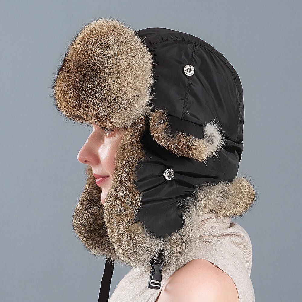 Men Winter Genuine Rabbit Fur Trapper Hats Russian Ushanka Warm Earflap ...