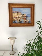 HST tableau signé CAZAN 66 x 75 cm 10F Ville Fortifiée Maritime Voiliers Marine