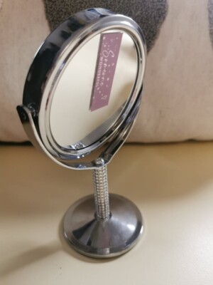 Runder, ovaler, doppelseitiger Spiegel, silber Metall Mini, 15 cm