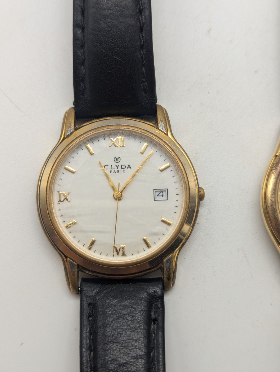 lot montres Clyda Paris, doré, date à 3h, une plaqué or 23k électro plated