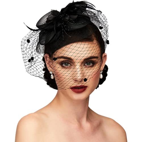 Fascinators Hat Tea Party Hat Mesh Floral Feather Hair Clip One Size Black - Bild 2 von 5