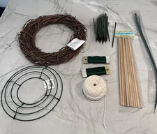 Lot Of Green Wreath Making  Floral Wire Twine Wood Dowels Picks W/ Wire