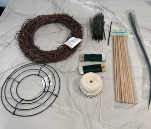 Lot Of Green Wreath Making Floral Wire Twine Wood Dowels Picks W/ Wire