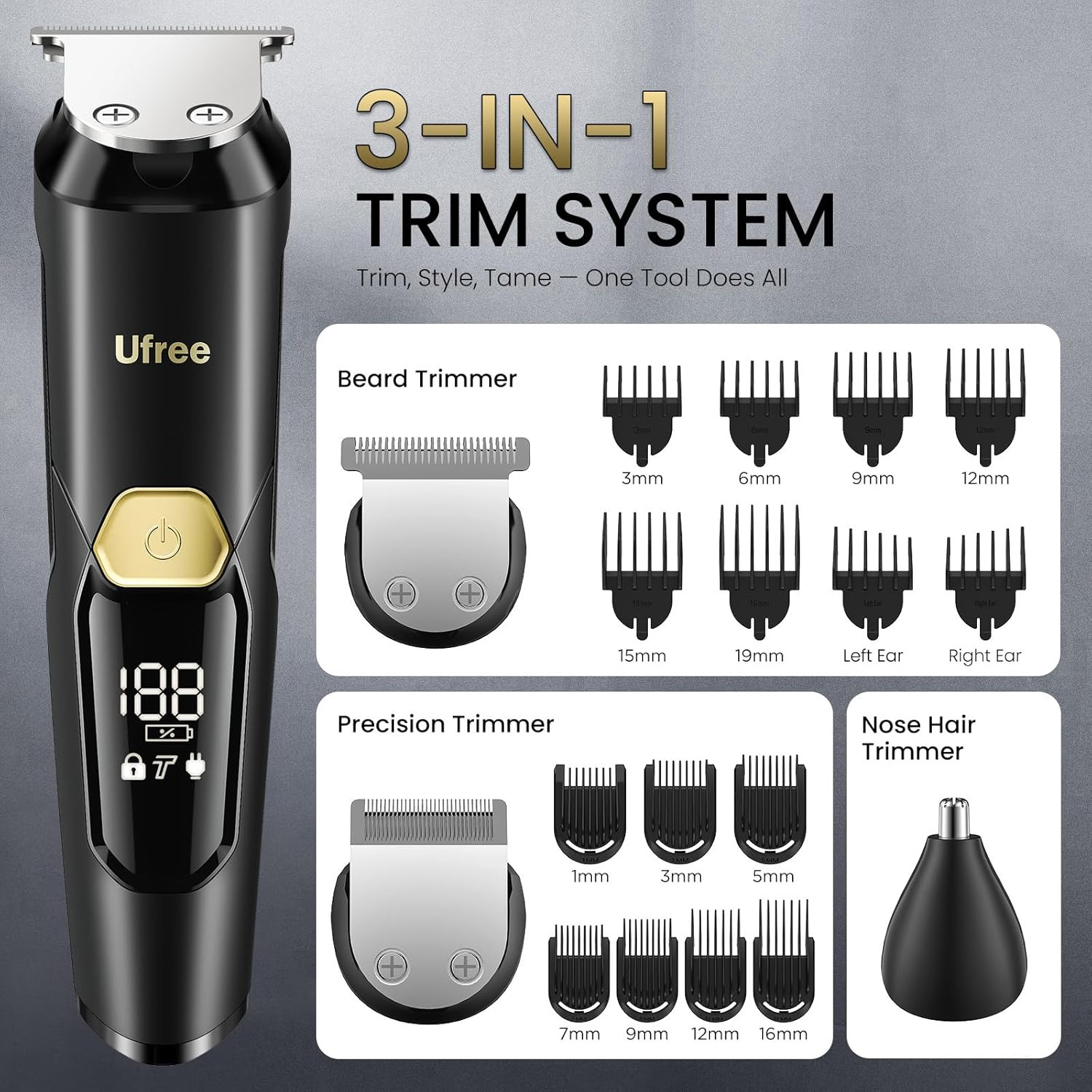 3-In-1 Beard Trimmer for Men, Waterproof Electric Razor Groo