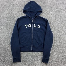 Vintage Polo Ralph Lauren Sport Hoodie Women's L Blue Baby Crop Zip Up Spellout