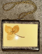 Vintage Hard-Sided Clutch Style W/Gold-Tone Frame  Strap Embedded Dried Leave