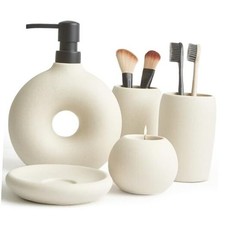 Ceramic Bathroom Accessory Set, 5 Pcs - Soap Dispenser 16 Oz, Toothbrush Cup,