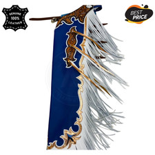 Custom Handmade Blue Leather Rodeo Chaps with White Fringe  Gold Tooled Design