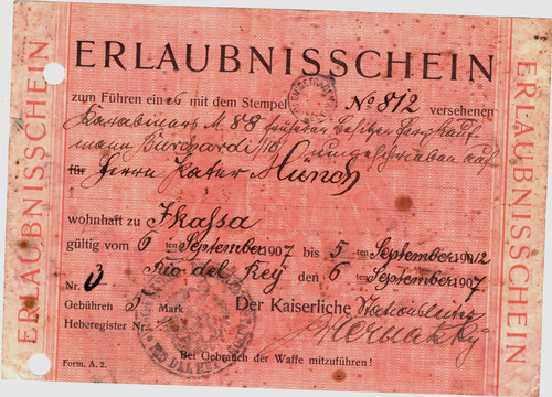 DR/KAMERUN Erlaubnisschein zum Führen eines Karabiners M88; RIO DEL REY 1907