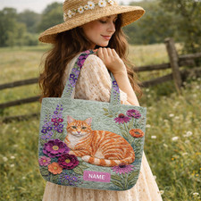 Personalized Tabby Cat Quilt Tote Bag Quilted Shoulder Bag Gift For Cat Lovers