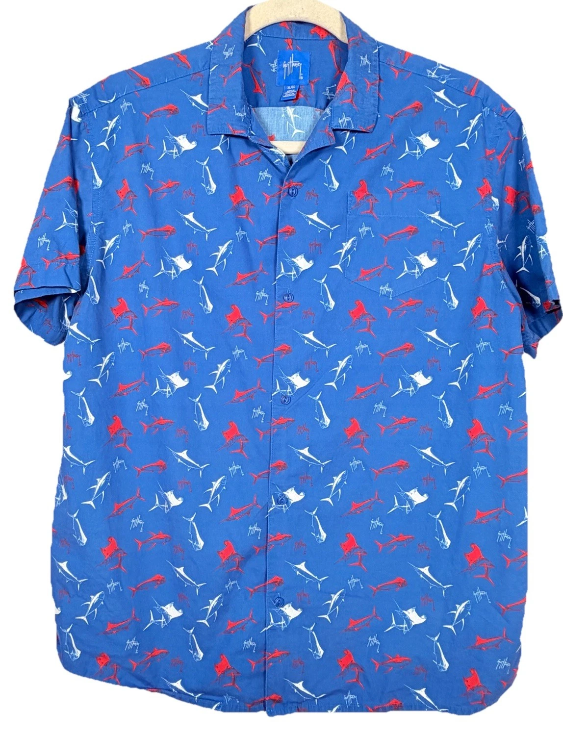 Guy Harvey Mens Large Blue Red Fish Marlin Tuna Cotton Short Sleeve Button Shirt