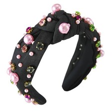 Pearl Women  s Knotted Headband Colorful Rhinestone Crystal Pearl Black-1