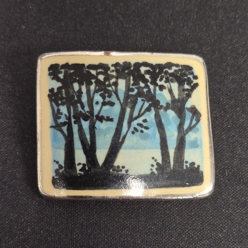 Handmade Ceramic Landscape Brooch Pin Signed Miniature Tree Scene