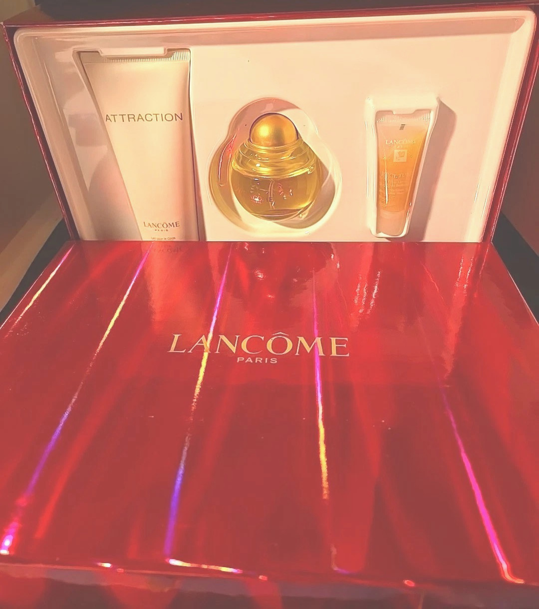 Attraction by Lancome Set 1.7 Oz EDP Spray, Lip Gloss Body Lotion Set RARE