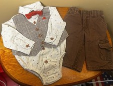 Little Lad 3 pc Shirt Pants Bowtie Set Boy's Size 3-6 Months Brown Church Dressy