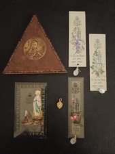 Vintage Religious Lot. 4 Antique Bookmarks, One Signed Medal On Wood & Medal. 
