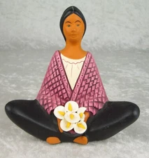 Toro Del Mexican Pottery Figurine Seated Woman with Lilys Pink Sweater 5-1/4 in