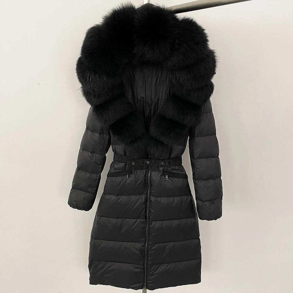 Winter Womens Hooded Real Fox Fur Collar Down Jacket Long Coats Overcoat Zipper - Image 4 of 4