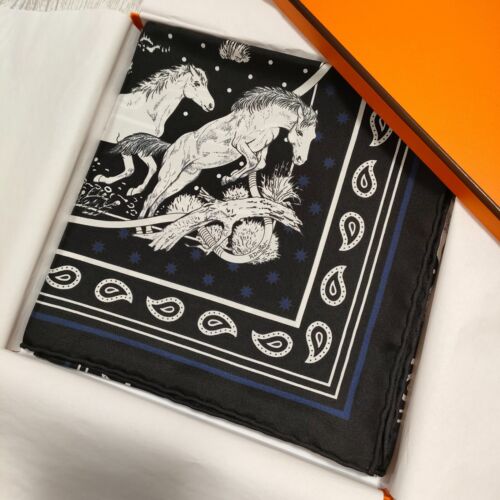 Unused w/box HERMES Carre 55 LES MUSTANGS Horse Silk Scarf Bandana 55cm Black