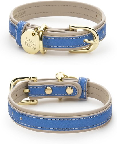 London Vegan Leather Dog Collar Luxury Cute Adjustable Buckle - Blue Extra Small - Picture 1 of 15