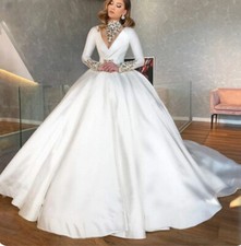 Satin Ball Gown Wedding Dresses With Long Sleeves Crystals V Neck Bride Dress