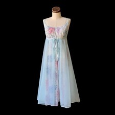 VANITY FAIR Vintage 50s Lingerie Nightgown Floral Nylon Tricot Chiffon 32 RARE
