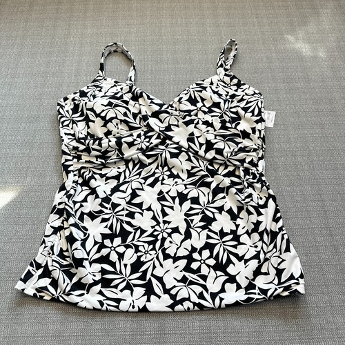 Lands End Tankini Top Womens 18D Black White Floral V Neck Swimsuit Beach New