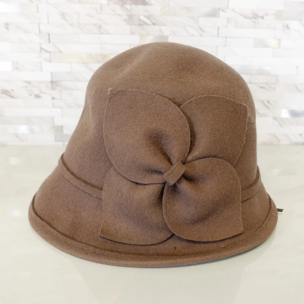 Celine Beige/tan Felt Bow Cloche Hat Wool Felt Cloche Hat, Khaki, Fall Hat, Handmade Millinery main image 4